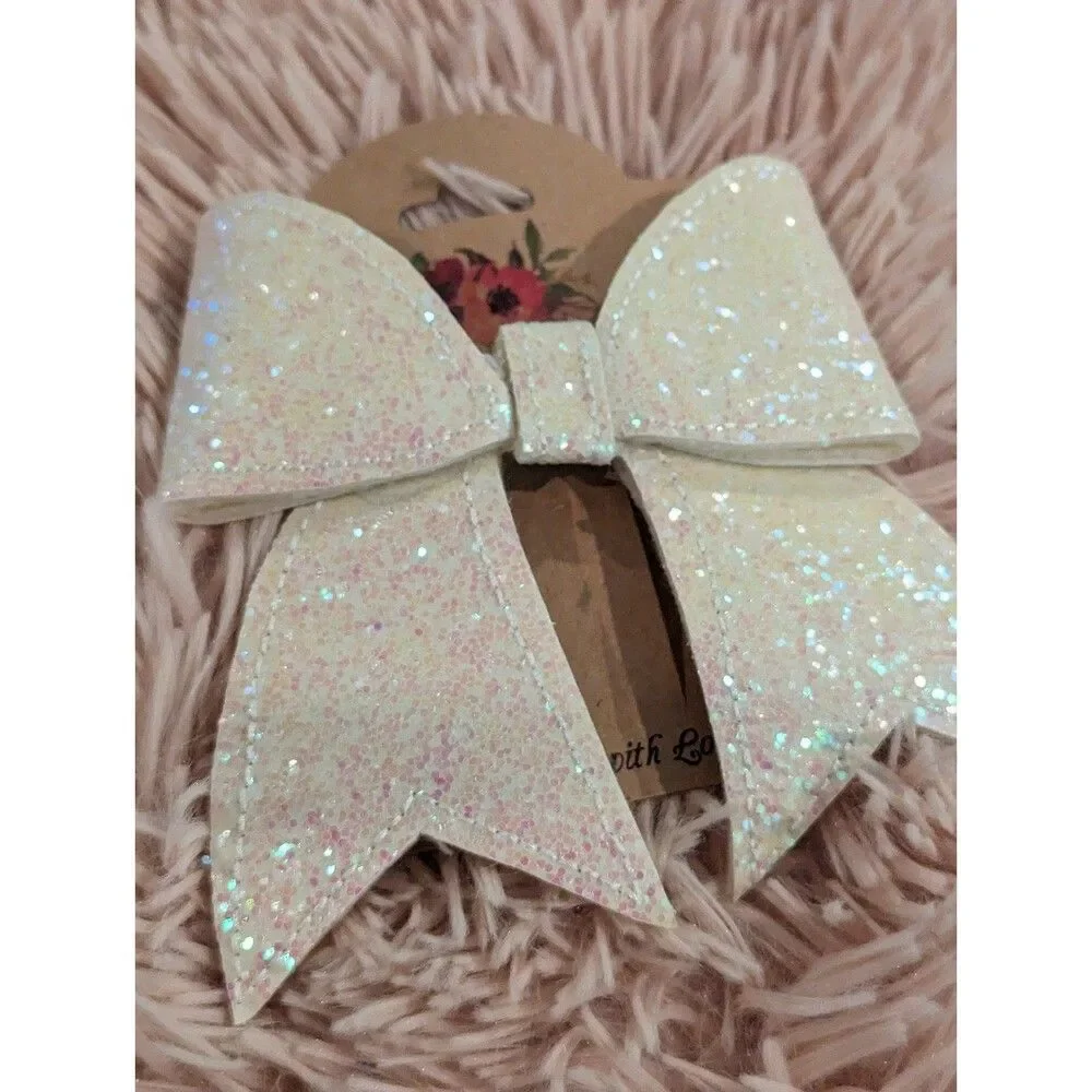 Beautiful off-white sparkly glittery chunky glitter hair bow barrette clip